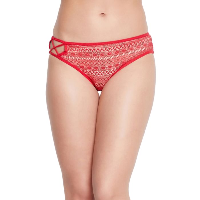 

Clovia Low Waist Bikini Panty in Red with Cage Detail - Lace - PN3472P04