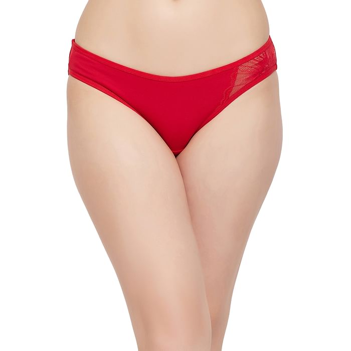 

Clovia Low Waist Bikini Panty in Red with Lace Inserts - Cotton - PN1380A04