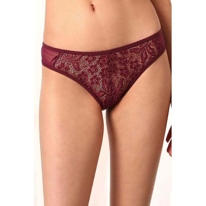 

Clovia Low Waist Bikini Panty in Wine Colour with Powernet Panels - PN3175A15