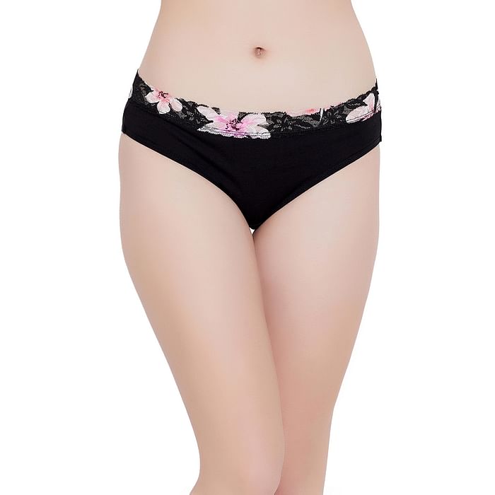 

Clovia Low Waist Bikini Panty with Printed Lace Waist in Black- Cotton & Lace - PN2470I13