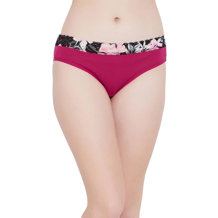 

Clovia Low Waist Bikini Panty with Printed Lace Waist in Dark Pink- Cotton - PN2470I14