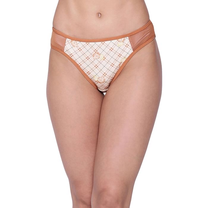 

Clovia Low Waist Checked Bikini Panty in Beige with Powernet Panels - PN3151P24, Nude-colour