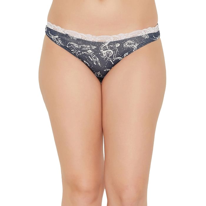 

Clovia Low Waist Constellation Print Bikini Panty in Navy with Lace Waist - Cotton - PN3512F08