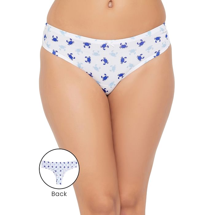

Clovia Low Waist Crab Print Thong in White with Inner Elastic - Cotton - PN3516C18