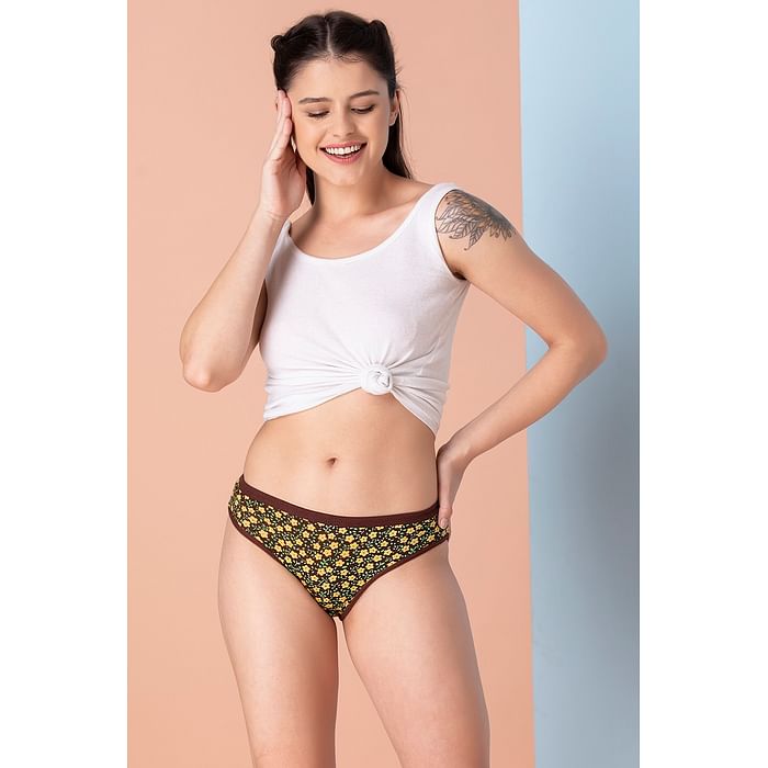 Clovia - Clovia Low Waist Floral Print Bikini Panty in Brown – Cotton – PN3465D06