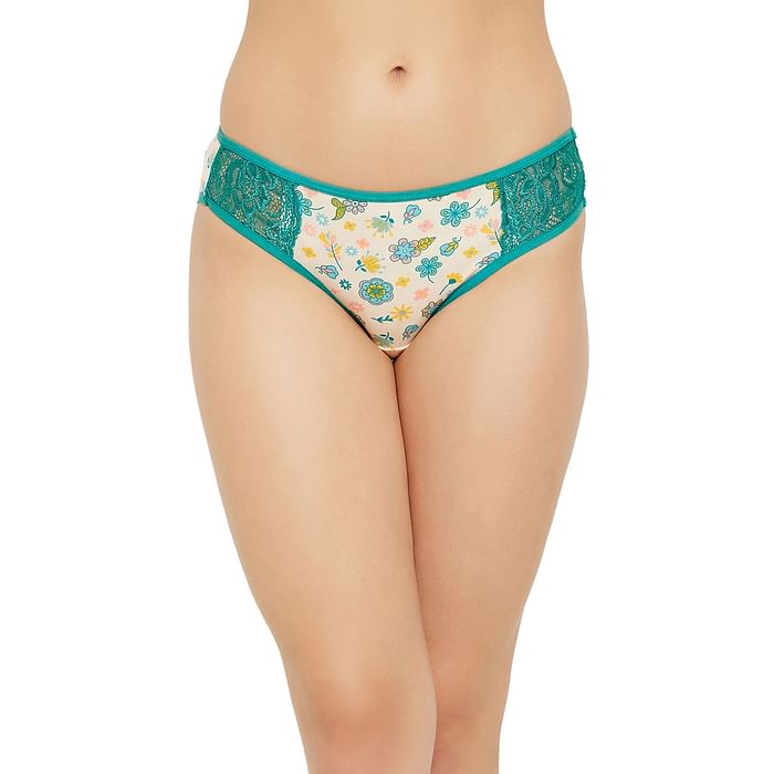 

Clovia Low Waist Floral Print Bikini Panty in Cream Colour with Lace Panels - PN2772A36, Teal
