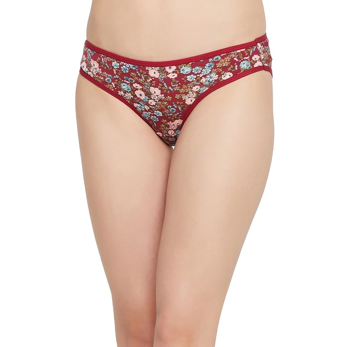 

Clovia Low Waist Floral Print Bikini Panty in Maroon - PN2810A09