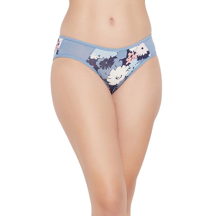 

Clovia Low Waist Floral Print Bikini Panty in Navy with Powernet Panels - PN1649A03, Light blue