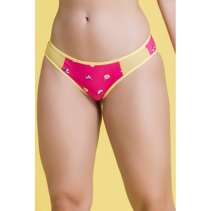 

Clovia Low Waist Floral Print Bikini Panty in Pink with Powernet Panels - PN5101i14