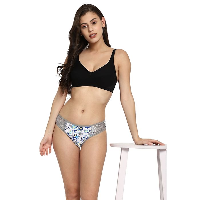 

Clovia Low Waist Floral Print Bikini Panty with Lace Panels in White - PN2772A01, Light grey