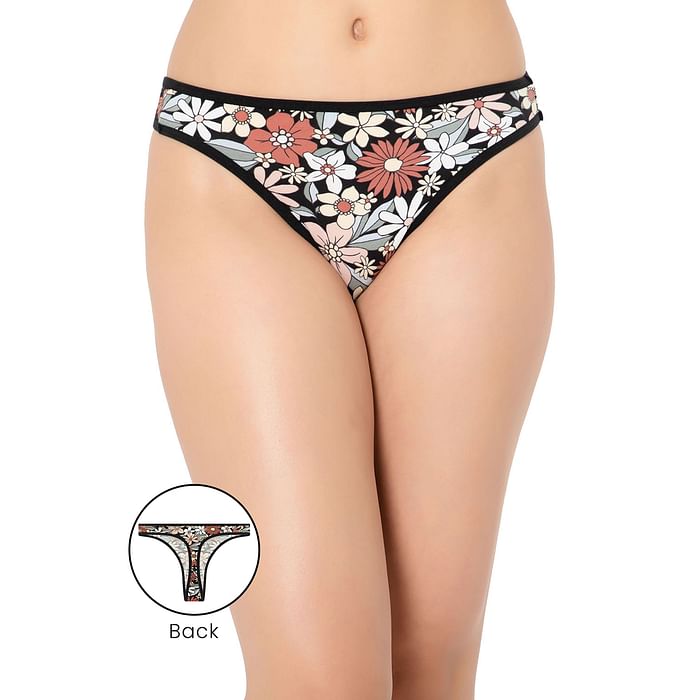 

Clovia Low Waist Floral Print Thong in Black - Cotton - PN1481J13