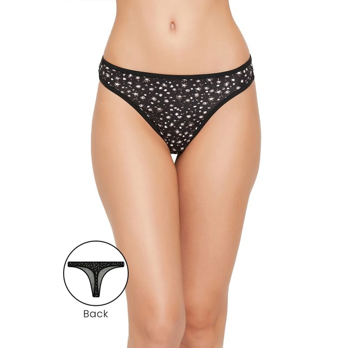 

Clovia Low Waist Floral Print Thong in Black - Cotton - PN1481F13