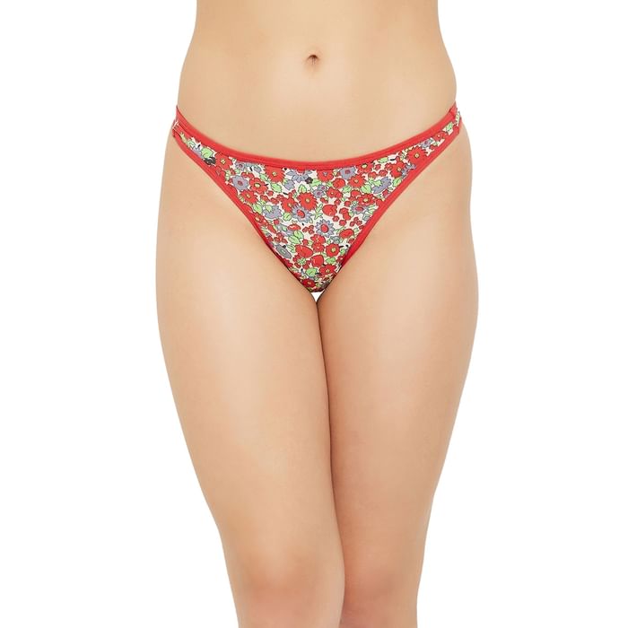 

Clovia Low Waist Floral Print Thong in Red - PN1481A04