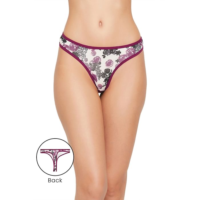 

Clovia Low Waist Floral Print Thong in White - PN3485E18