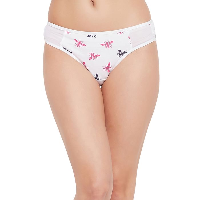 

Clovia Low Waist Fly Print Bikini Panty in White with Powernet Panels - Cotton - PN1649A18