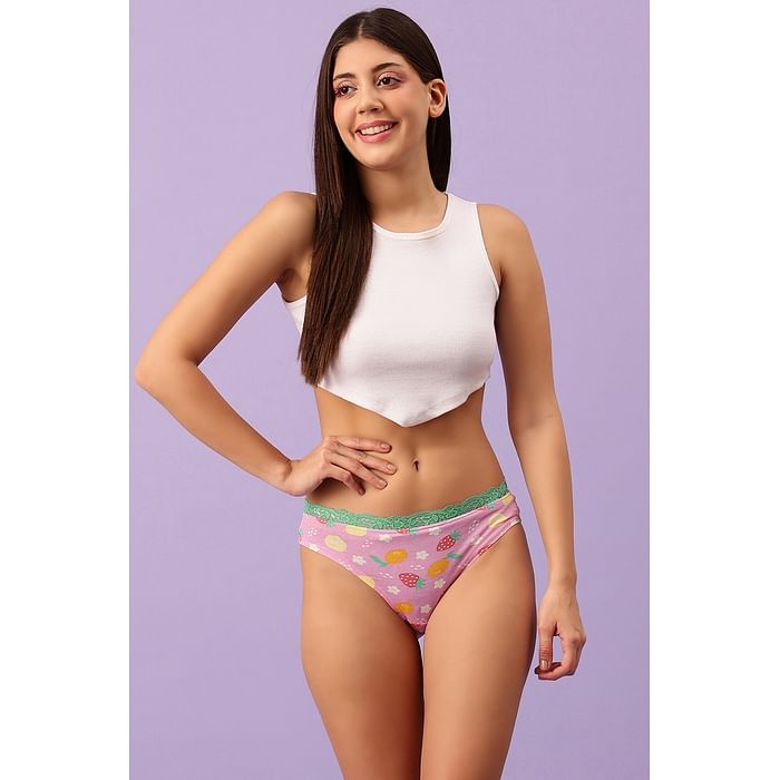

Clovia Low Waist Fruit Print Bikini Panty in Baby Pink with Lace Waist - Cotton - PN3512A22, Light pink