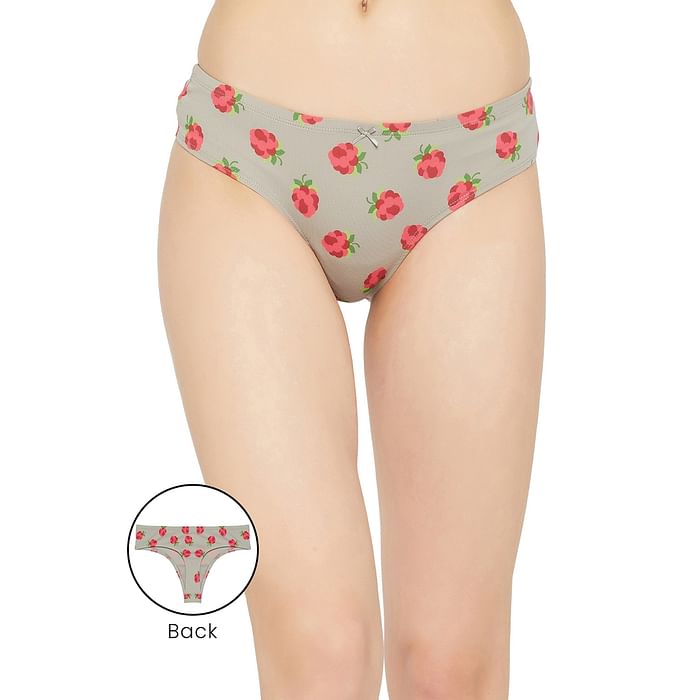 

Clovia Low Waist Fruit Print Thong in Light Grey with Inner Elastic - Cotton - PN3516P01