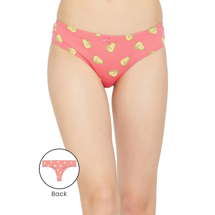 

Clovia Low Waist Fruit Print Thong in Salmon Pink with Inner Elastic- Cotton - PN3516P22, Light pink