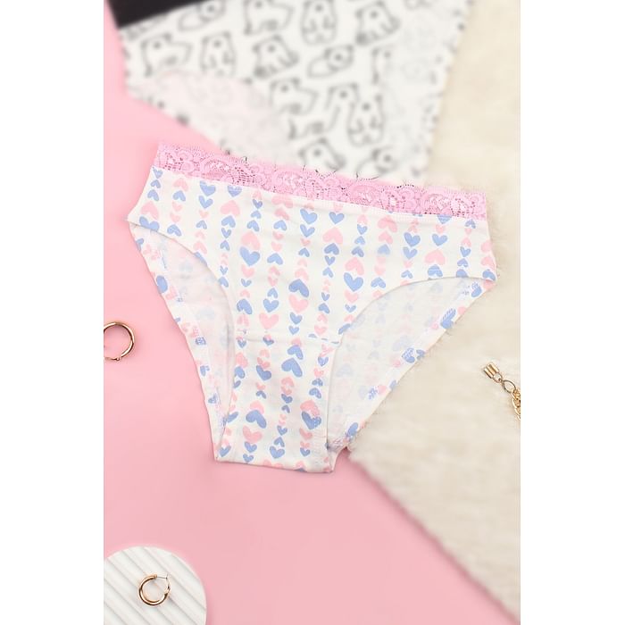 

Clovia Low Waist Heart Print Bikini Panty in White with Lace Waist - Cotton - PN3512F18