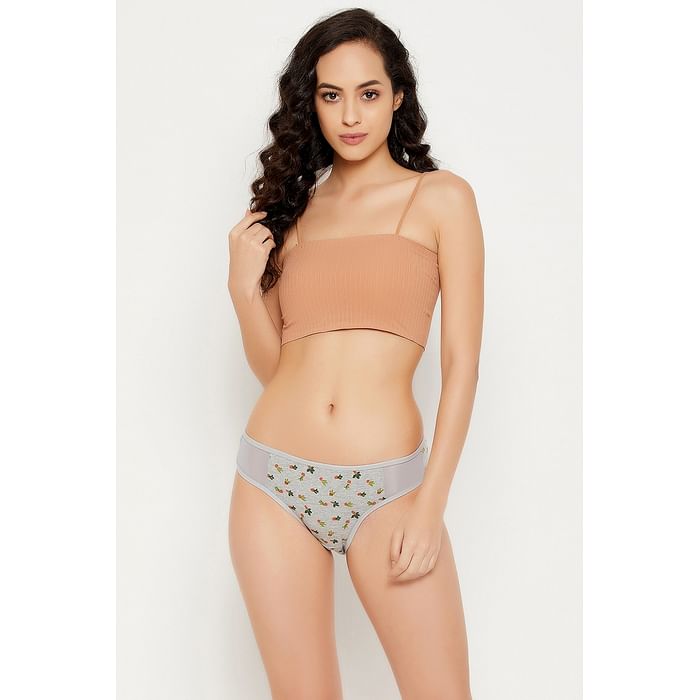 

Clovia Low Waist Cactus Print Bikini Panty in Grey with Powernet Panel - PN1649A01, Light grey