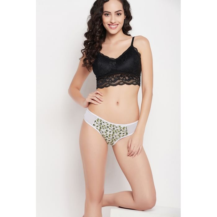 

Clovia Low Waist Plant Print Bikini Panty in Grey with Powernet Panel - PN1649B01, Light grey