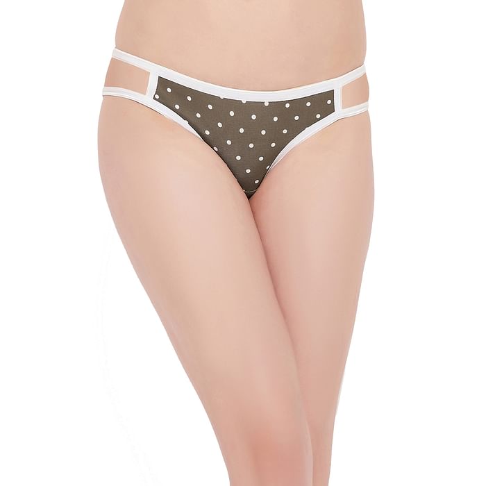 

Clovia Low Waist Polka Dot Print Bikini Panty in Olive Green with Cage Sides - Cotton - PN0716B17, Dark green