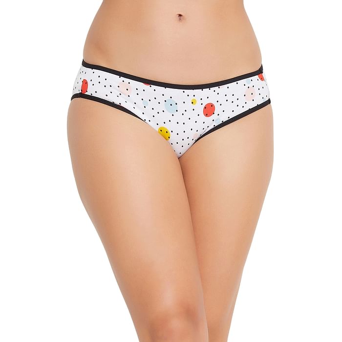 

Clovia Low Waist Polka Print Bikini Panty in White - Cotton - PN3380O18