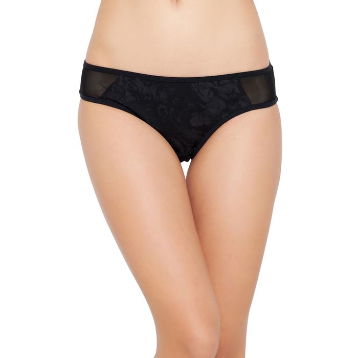

Clovia Low Waist Printed Bikini Panty in Black with Powernet Panels - Cotton - PN1649A13