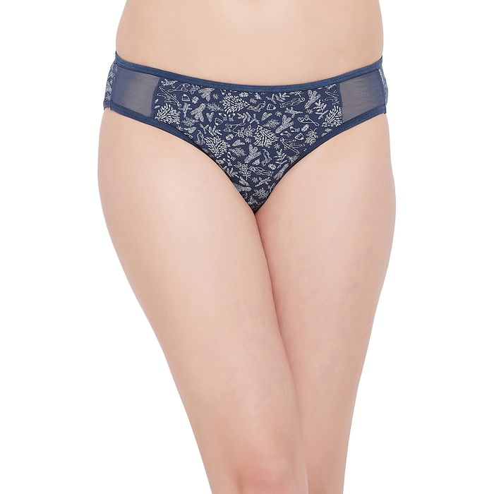 

Clovia Low Waist Printed Bikini Panty in Navy with Powernet Panels - Cotton - PN1649Z08