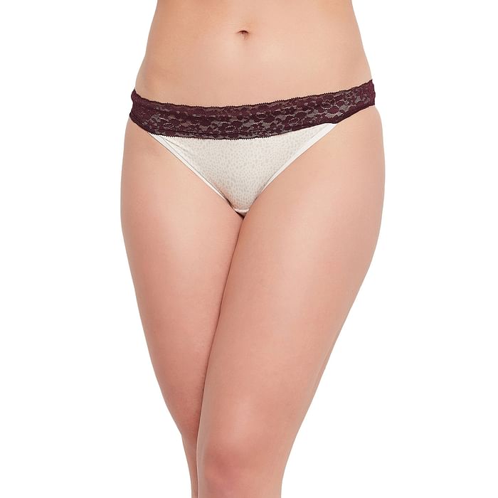 

Clovia Low Waist Animal Print Bikini Panty in White with Lace Waist - PN3483A18