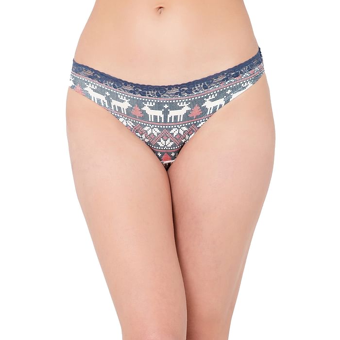 

Clovia Low Waist Printed Bikini Panty in Yale Blue with Lace Waist - Cotton - PN3512A08, Navy