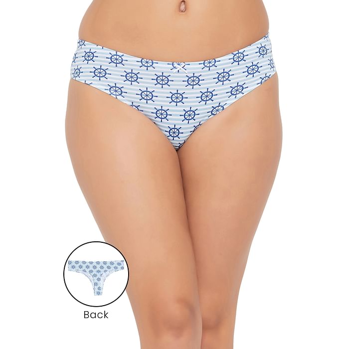 

Clovia Low Waist Printed Thong in Baby Blue with Inner Elastic - Cotton - PN3516A03, Light blue