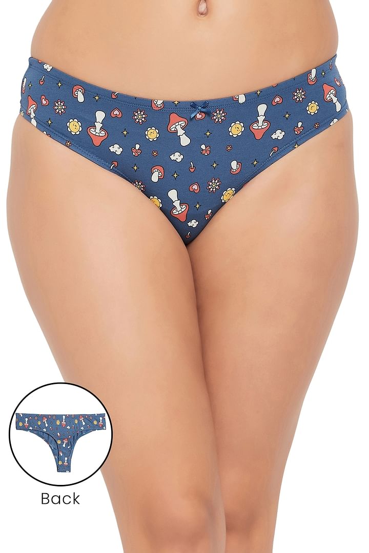 Buy Low Waist Printed Thong in Blue with Inner Elastic - Cotton
