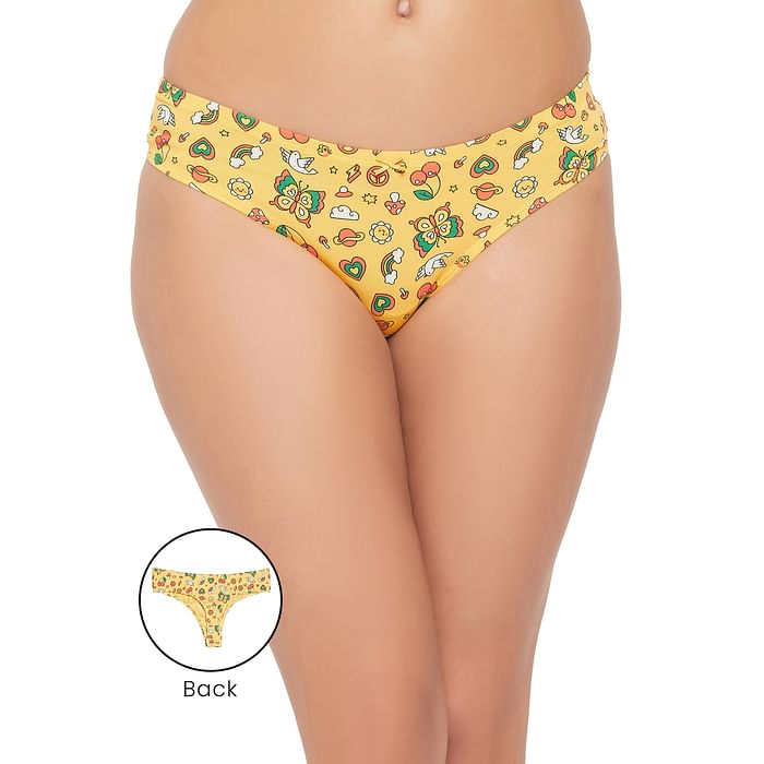 

Clovia Low Waist Printed Thong in Yellow - Cotton - PN3516P07, Mustard