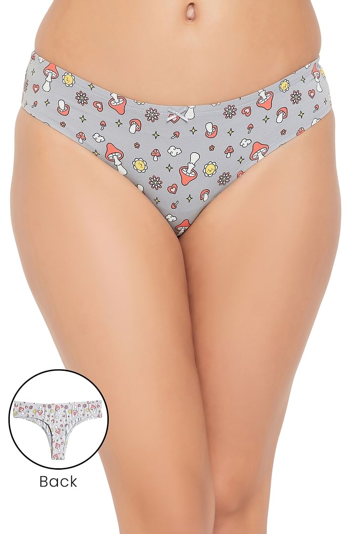 Buy Low Waist Printed Thong in Grey with Inner Elastic Cotton