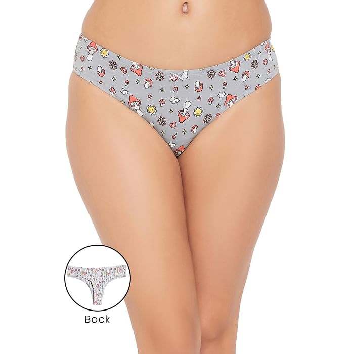

Clovia Low Waist Printed Thong in Grey with Inner Elastic - Cotton - PN3516A01, Light grey