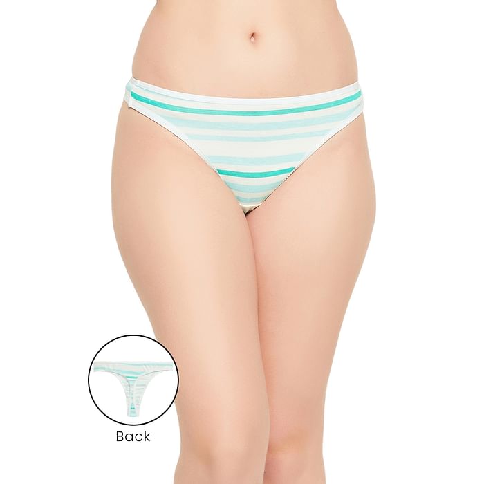 

Clovia Low Waist Striped Thong in White - Cotton - PN1481C11, Light green