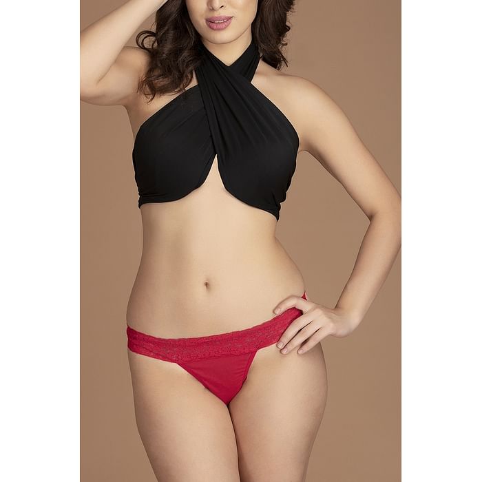 

Clovia Low Waist Thong in Red - Powernet & Lace - PN3394P04