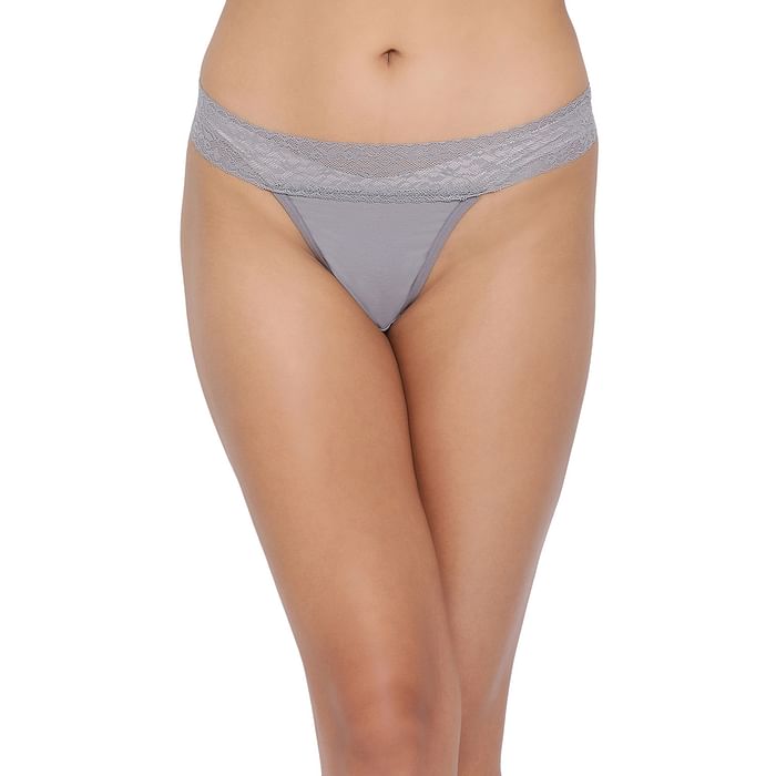 

Clovia Low Waist Thong in Grey - Powernet & Lace - PN3394P05, Dark grey