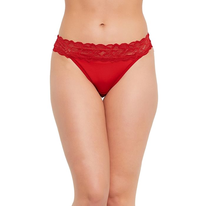 

Clovia Low Waist Thong in Red with Lace Waist - PN3495A04