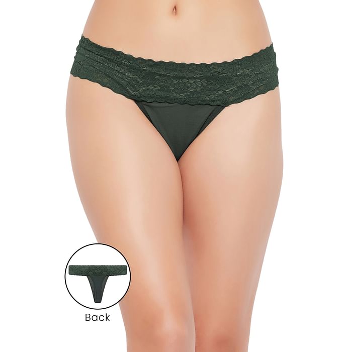 

Clovia Low Waist Thong in Sage Green with Lace Waist - PN3394A11, Light green