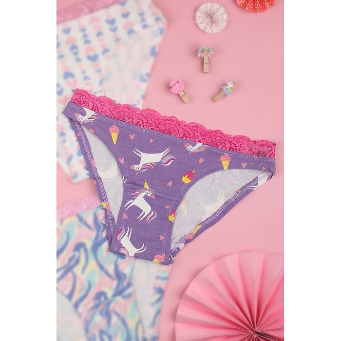 

Clovia Low Waist Unicorn Print Bikini Panty in Lavender with Lace Waist - Cotton - PN3512P12