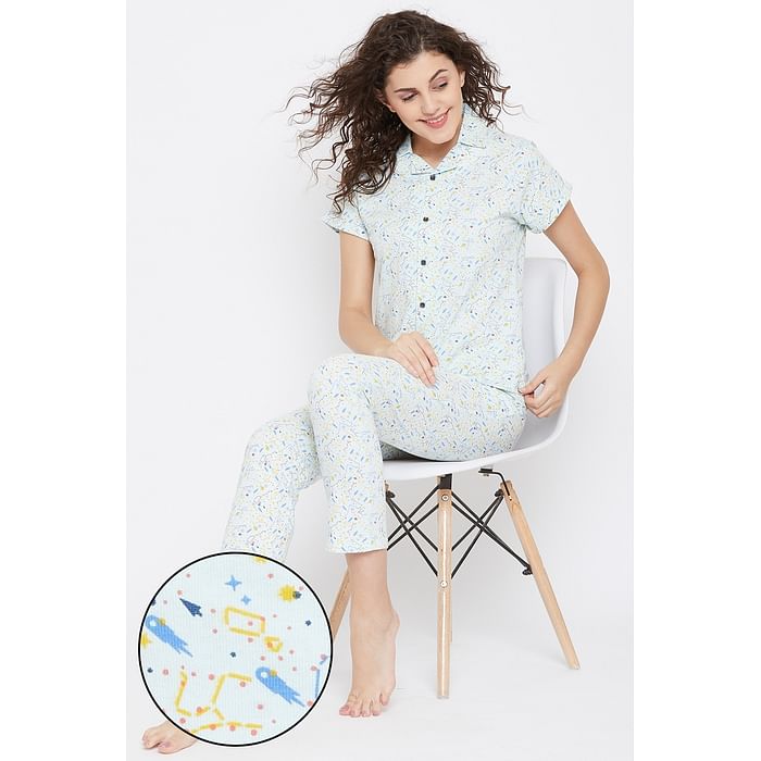 Clovia - Clovia Button Me Up Shirt & Pyjama Set in Light Blue 100% Cotton – LS0025A03