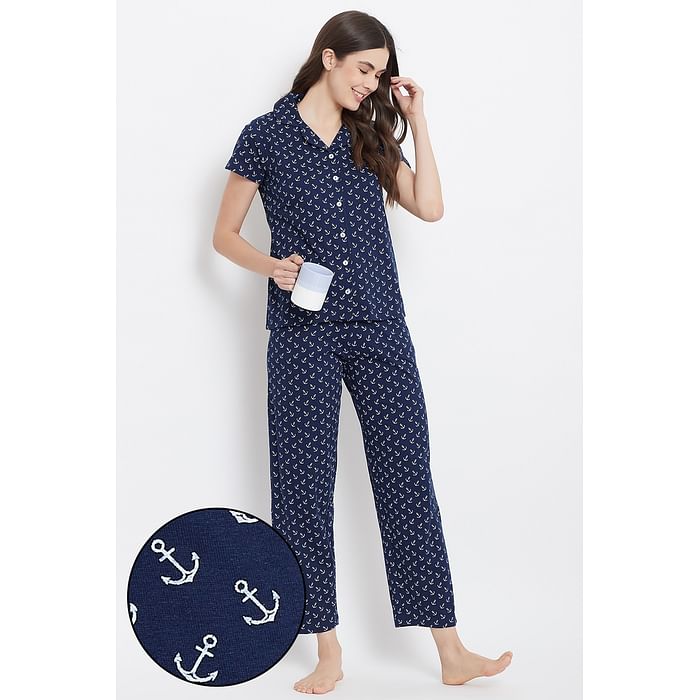

Clovia Button Down Anchor Print Shirt & Pyjama Set in Navy- Cotton - LS0025A08