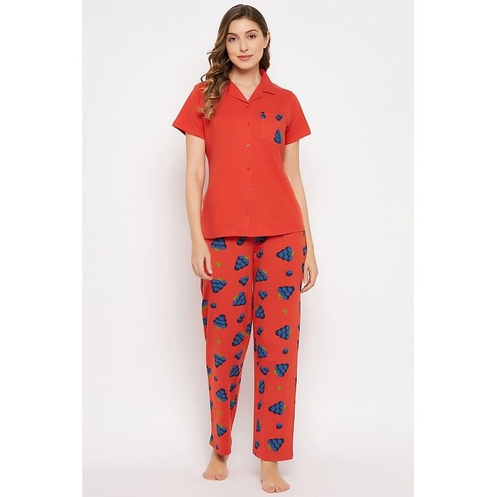 

Clovia Tutti Fruity Button Down Shirt & Pyjama Set in Red - 100% Cotton - LS0025D04
