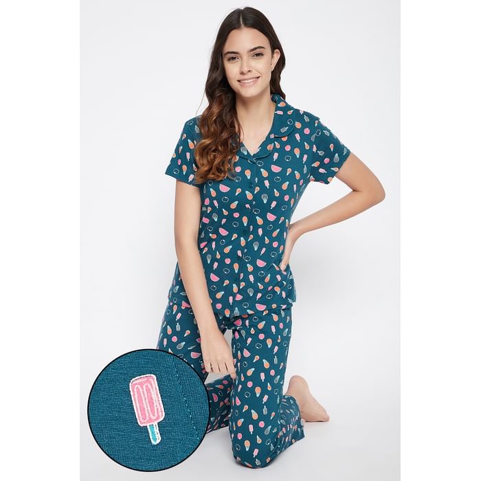 

Clovia Ice Cream & Popsicle Print Button Me Up Shirt & Pyjama Set in Sapphire Blue - Cotton Rich - LS0025D08, Navy