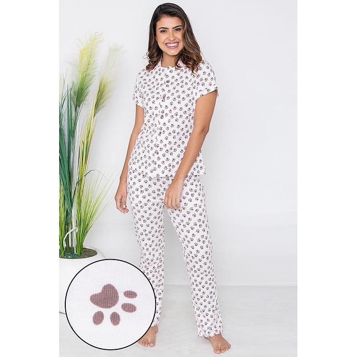 Clovia - Clovia Paw-fect Shirt & Pyjama Set in White- 100% Cotton – LS0025D22