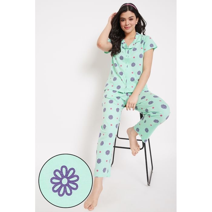 

Clovia Pretty Florals Button Down Shirt & Pyjama in Sea Green - 100% Cotton - LS0025E11, Light green