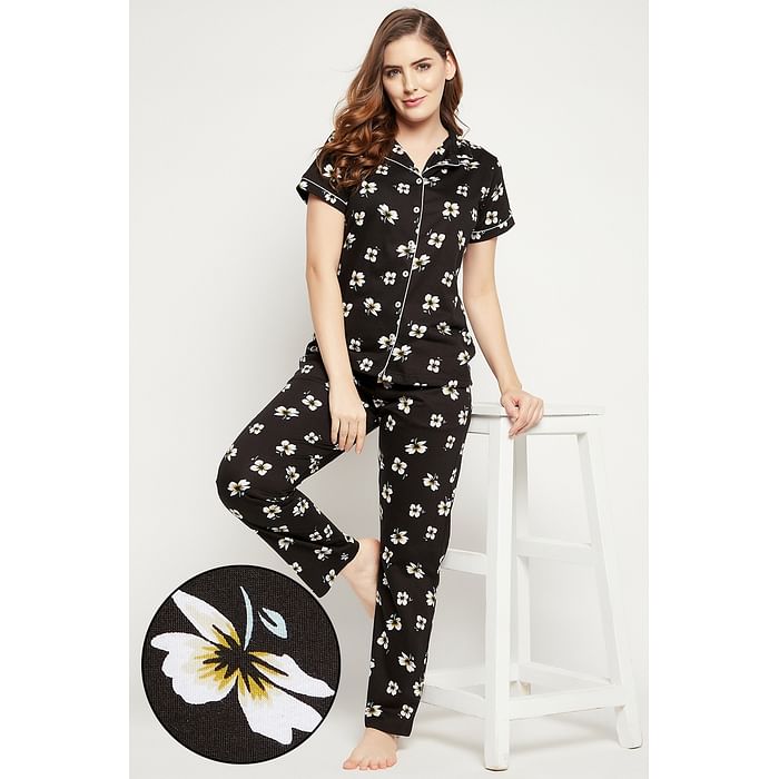 

Clovia Pretty Florals Button Down Shirt & Pyjama Set in Black - 100% Cotton - LS0025E13