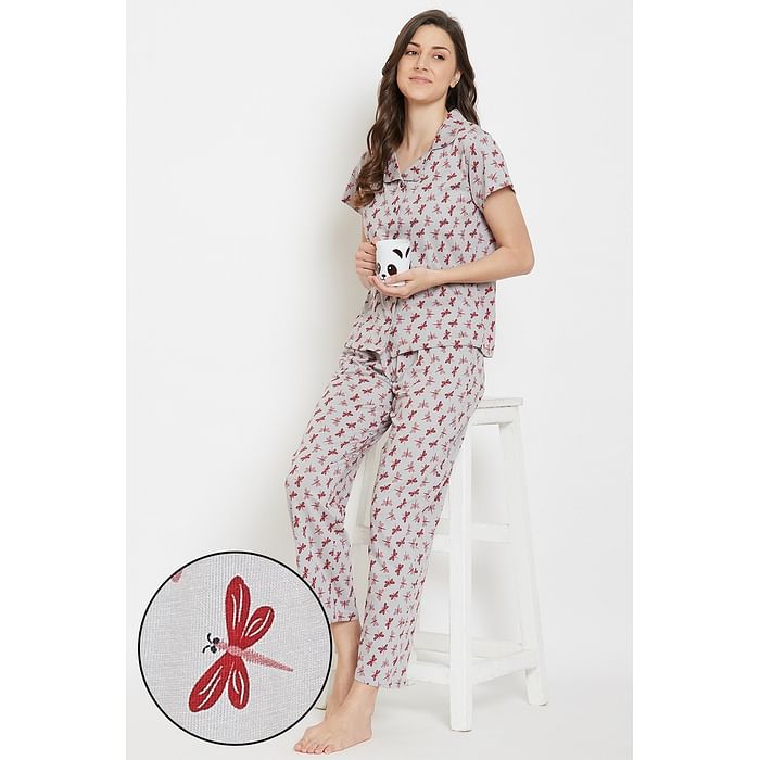 

Clovia Dragonfly Print Top & Pyjamas Set in Grey - 100% Cotton - LS0025F01, Light grey